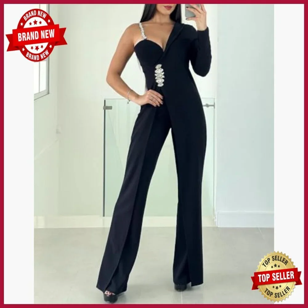One Shoulder Jumpsuit Wide Leg Evening Romper Crystal Strap Waist Embellishment_2